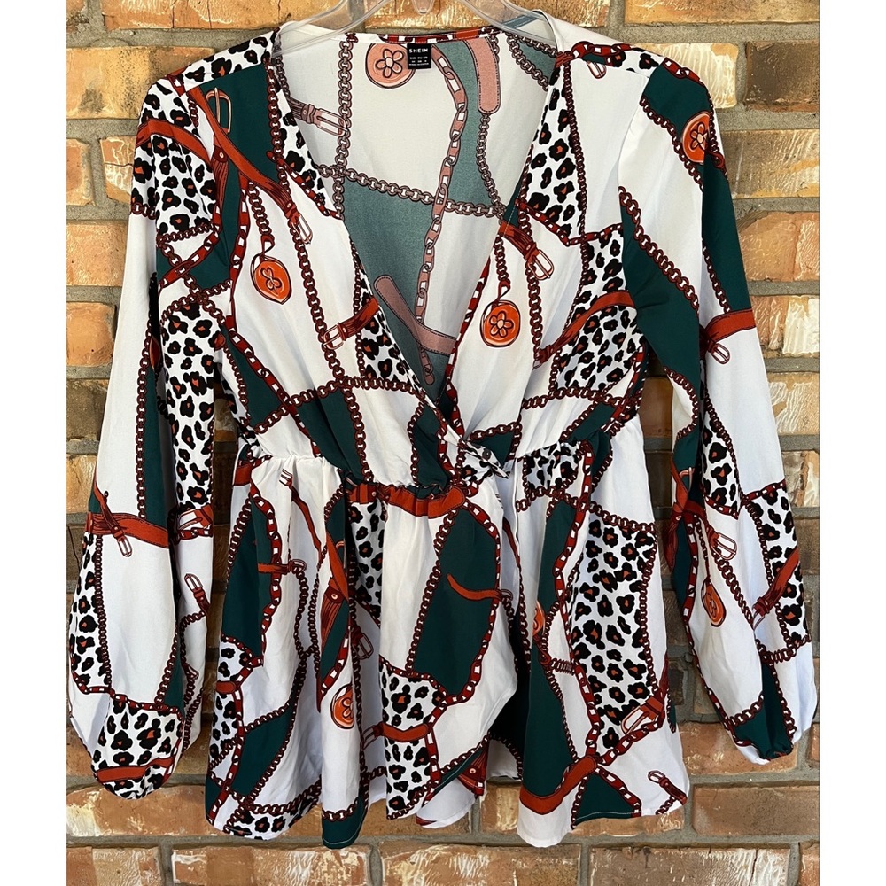 Shein Women’s Chain and Leopard Print Belted Peplum Long Sleeve Blouse Medium